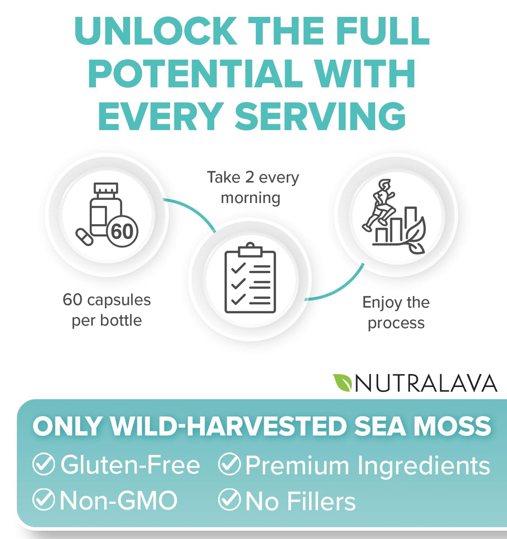 NUTRALAVA Sea Moss Capsules - Irish Sea Moss Black Seed Oil Ashwagandha - Immune Thyroid Joint & Gut Support - Gluten-Free Non-GMO GMP - 60 Count