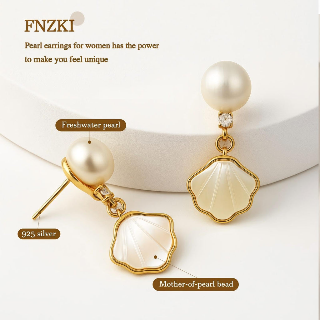 Pearl Shell Earrings for Women, 18K Gold Plated Brass Boho Drop Earrings with Freshwater Pearl & Mother of Pearl, Hypoallergenic Beach Jewelry Gifts
