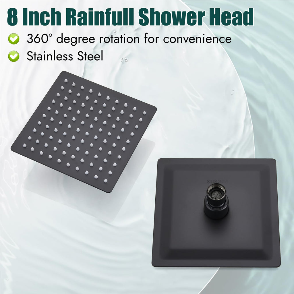 Heyalan Shower Faucet Set with Valve, Bathroom Rainfall Shower System, Wall Mount Single Handle Shower Trim Kit, Rainfall Fixed Shower Head, 8 Inch Square Shower Head, Matte Black