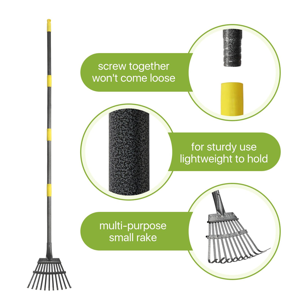 Rake for Leaves, Small Leaf Rake for Garden, 70-inch Adjustable Metal Rakes-Tool with 11 Steel Tines for Gardening, Yard, Shrub, Flower Beds, Lawns