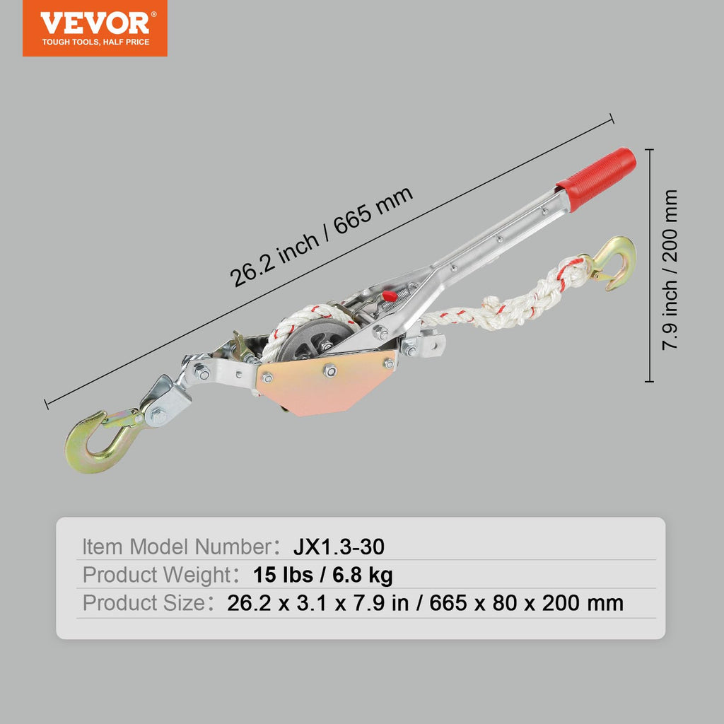VEVOR Rope Puller, 3/4 Ton (1,653 lbs) Pulling Capacity, with 100' of 0.6" dia. Rope, 2 Hook, Come Along Winch, Heavy Duty Ratchet Power Puller Tool for Moving Boats, Securing Items, Transporting Logs