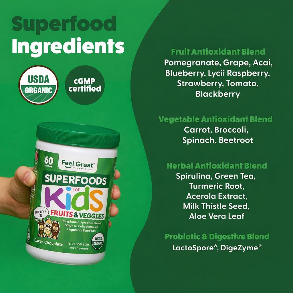 Feel Great USDA Organic Super Greens Powder for Kids - Cocao Chocolate | Fruit & Veggie Supplement | Superfood Powder with Probiotics & Digestive Enzymes for Digestive Health | 60 Days Supply