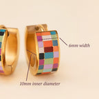 Oh Clementine Super Chunky Checkered Rainbow Huggie Hoop Adjustable Clasp Earrings for Women- 316L Stainless Steel with 18k PVD Gold Coating