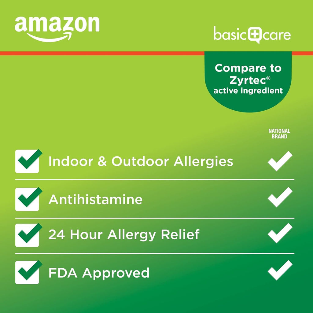 Amazon Basic Care All Day Allergy, Cetirizine Hydrochloride Tablets, 10 mg, 24-Hour Relief for Allergy, 300 Count (Packaging may vary)