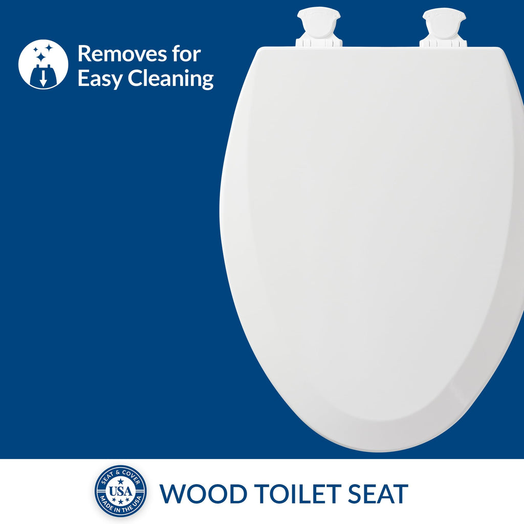 Bemis 1500EC Durable Wood Toilet Seat with Easy Clean Hinges, Made in USA, Elongated, White, 6-Pack