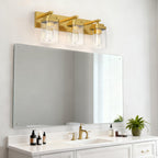 LKHF Brushed Gold Bathroom Light Fixtures, 3 Lights Bathroom Lighting Fixtures Over Mirror, Square Design & Rectangle Large Backplate, Modern Vanity Lighting Fixtures, for Living Room/Bedroom