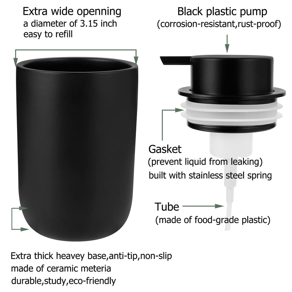Foaming Soap Dispenser Thick Ceramic Foam Hand Soap Dispenser for Bathroom or Kitchen Sink, Liquid Pump Bottles for Hand soap, Body Wash, 2 Pack Black