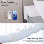 Vekkia Queen Bed Wedge Pillow for Headboard Gap Filler(0-5"),High-Density Foam,Prevent Pillow & Item from Falling,Ergonomic Design,Large Storage Pockets, Removable&Washable Cover,White,60''x10 x6