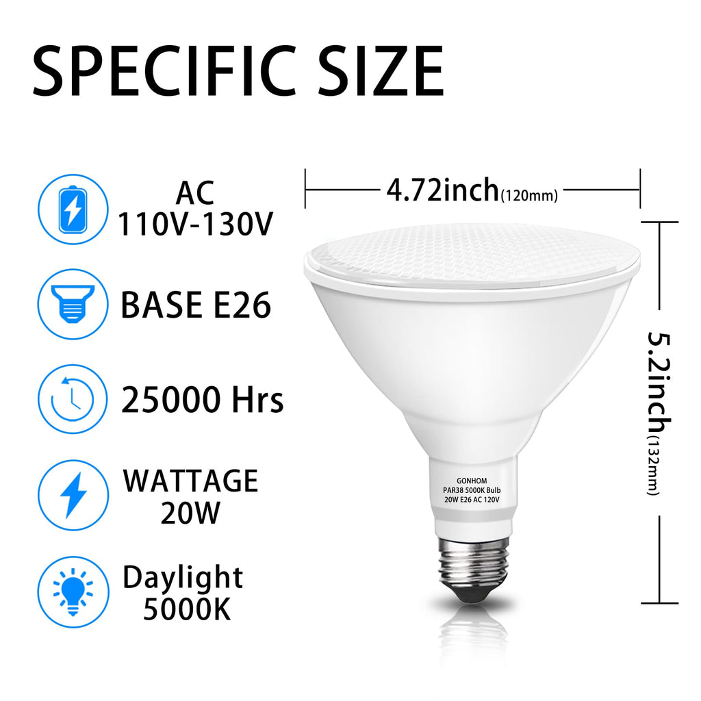 Gonhom Par38 led Flood Lights Outdoor Light Bulb,Dimmable 1800LM,20W Replace up to 200W,Outdoor Flood Light Bulbs for Backyard,Garage,Porch,Garden,2 Pack 5000K Daylight