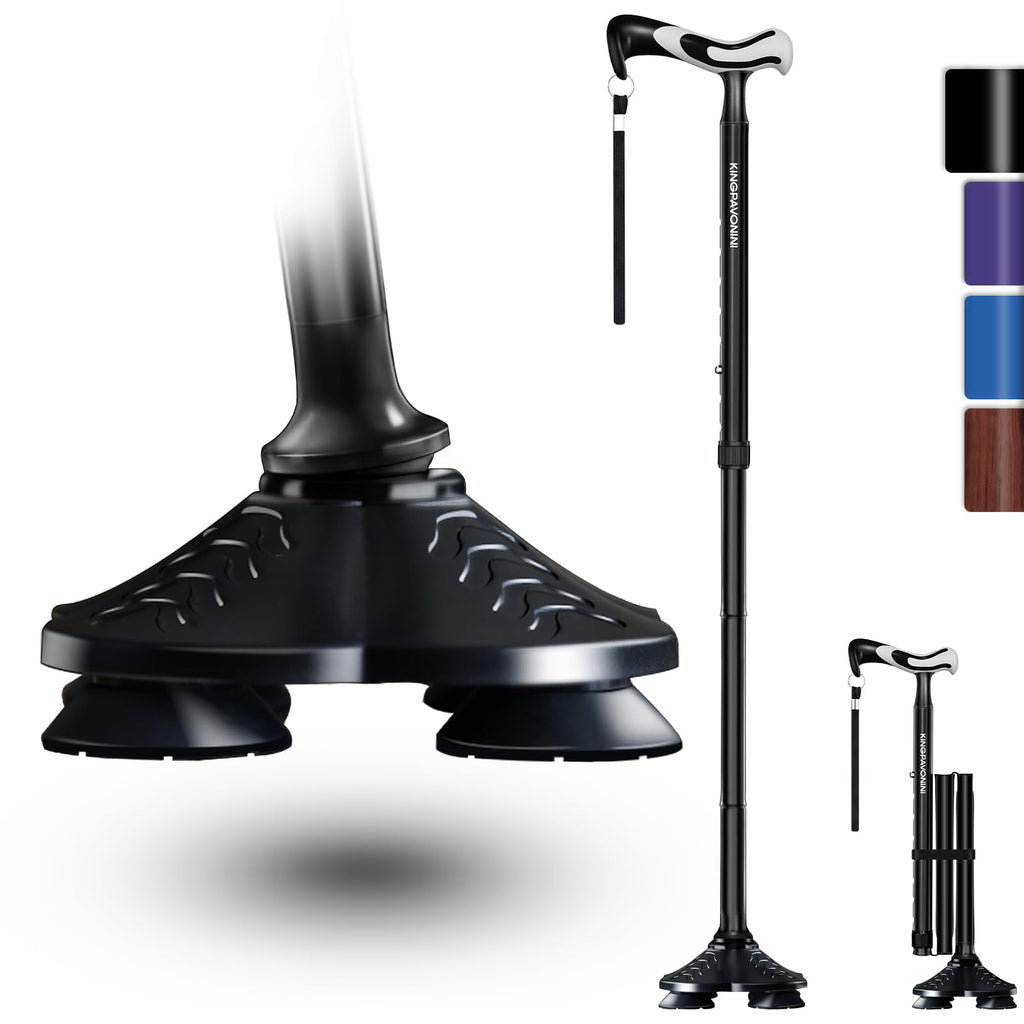 KingPavonini Walking Cane for Men Women Stability, Free Standing Foldable Cane, Ergonomic Handle Pivoting Quad Base, Heavy Duty 350 LBs, Adjustable Walking Canes for Seniors Balance with Travel Bag