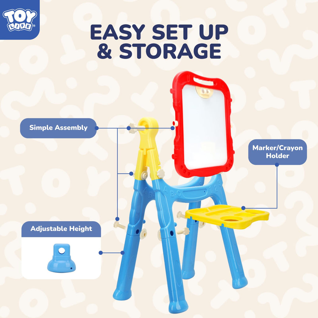 STEAM Life Large Art Easel for Kids, Double-Sided 4In1 Toddler Easel with Rotable Magnetic Chalkboard & White Drawing Board, Height Adjustable with Magnetic Letters & Numbers Gifts for Boys and Girls