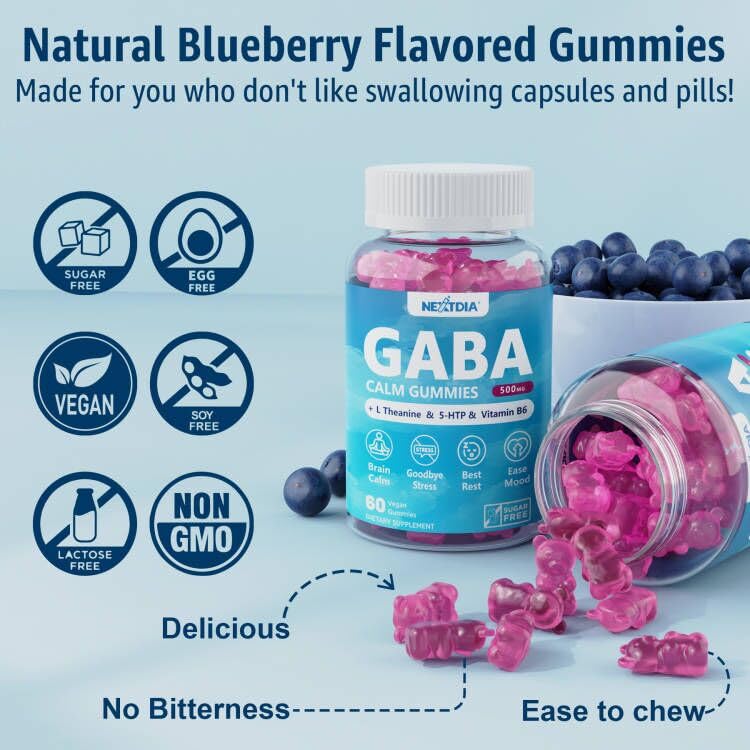 GABA Gummies 500 mg - Sugar-Free Calm Gummies with L Theanine, 5-HTP, Vitamins D3, B12, Ashwagandha, Melatonin-Free for Brain Calm, Mood, Zzz Better, GABA Supplement for Adult, Blueberry Flavor, Vegan
