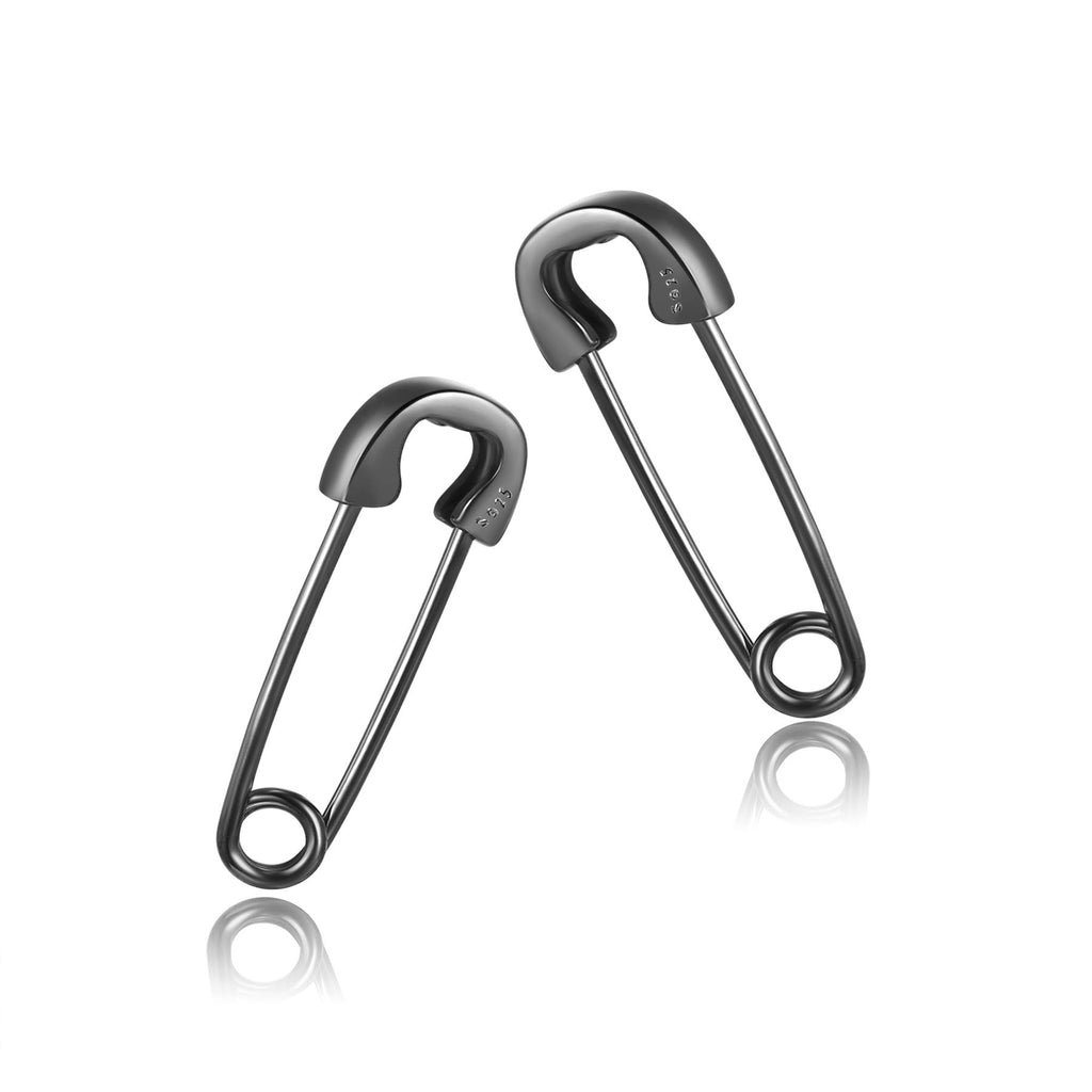 CHIC & ARTSY Black Paperclip Earrings 925 Sterling Silver Black Safety Pin Punk Stud Earrings for Women