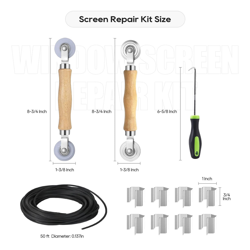 King&Charles Window Screen Door Repair/Replacement Kit, Include Gray Screen Mesh 59"x106"+ 2 Roller+50Ft Spline+8Clips+Hook, 6 in 1 Window Mesh Kit, Steel/Nylon Bearing Roller