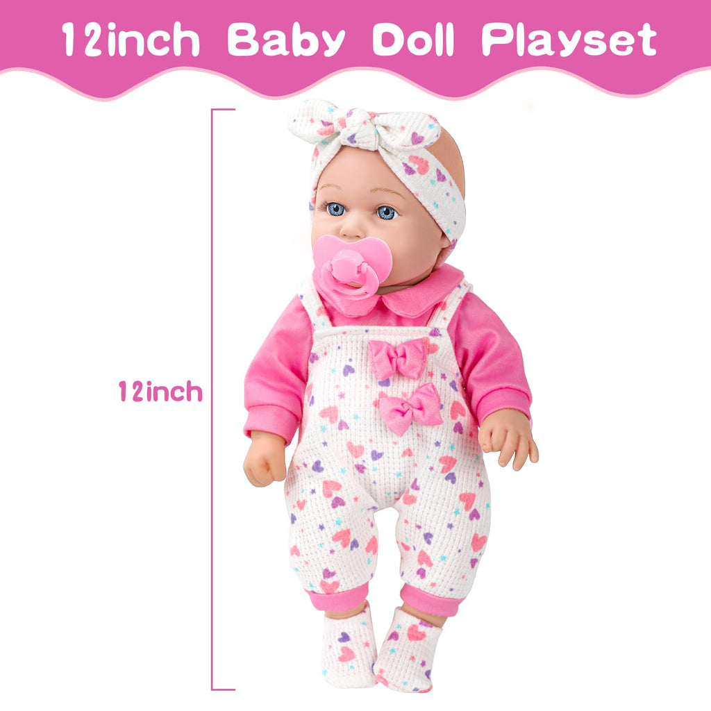 XFEYUE 12" Baby Doll with Pink Bowknot Clothing Set,12 Inch Realistic Baby Dolls with Clothes and Accessories,Pacifier Bottle Toy Pretend Play Collection for 3+ Child Girls Gifts