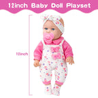 XFEYUE 12" Baby Doll with Pink Bowknot Clothing Set,12 Inch Realistic Baby Dolls with Clothes and Accessories,Pacifier Bottle Toy Pretend Play Collection for 3+ Child Girls Gifts