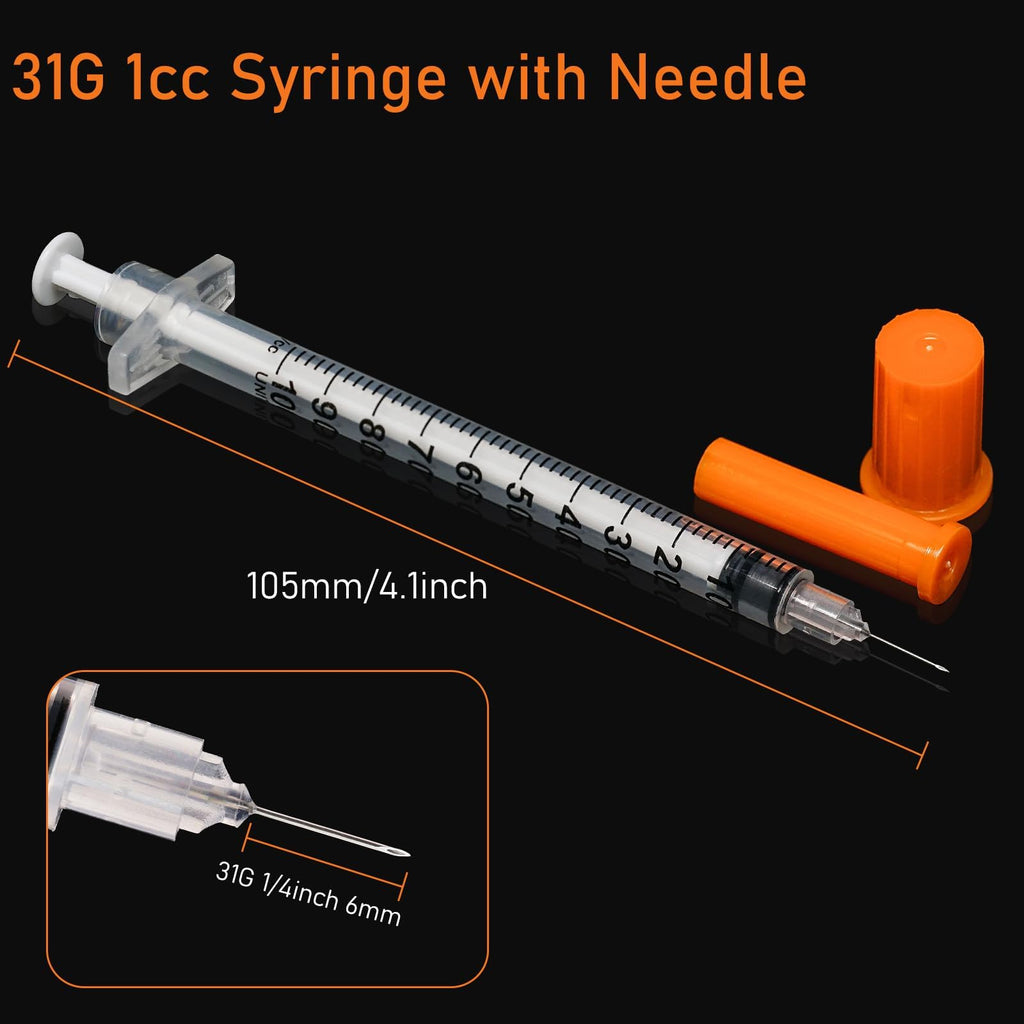 1ml Syringe with Cap, 31G 1/4" 6mm 1cc Syringes, Pack of 20