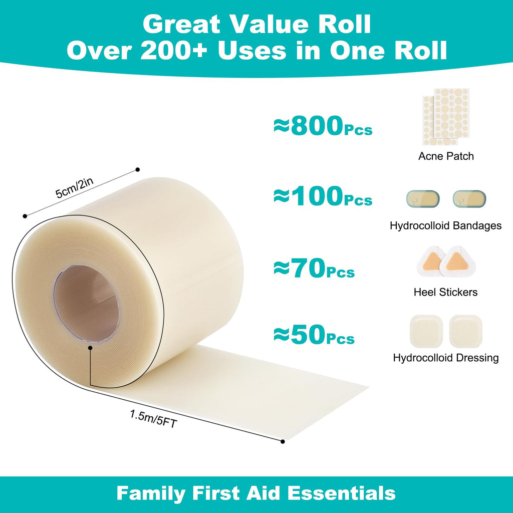 Hydrocolloid Roll for Wound Care, Hydrocolloid Bandages with Self-Adhesive, Cut-to-Size Patch Bandages, Ultra Absorbent, Waterproof, First Aid Kit Essential (3IN*12FT)