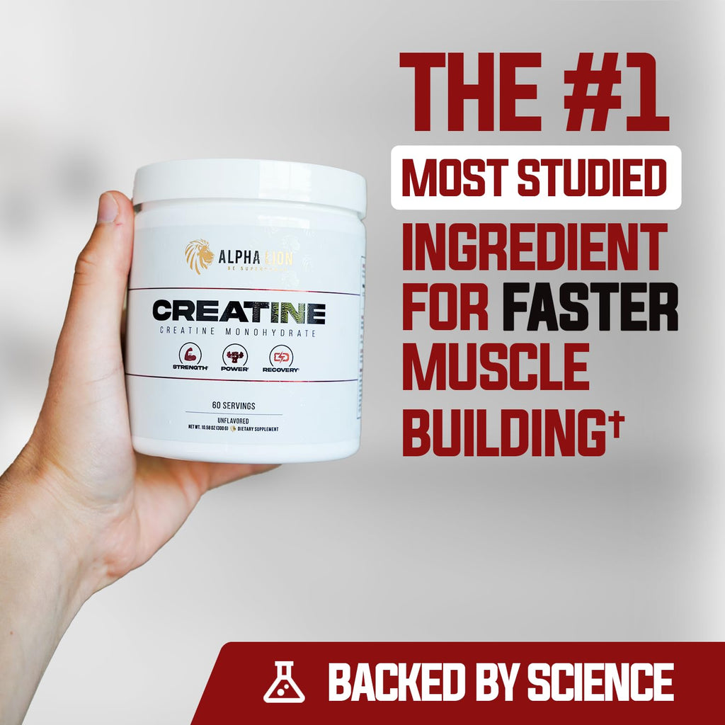 ALPHA LION Creatine Monohydrate Powder, 5000mg Per Serving (5g), Supports Muscle Strength, Power, Athletic Performance, Pure Creatina Monohydrata en Polvo Supplement (60 Servings, Unflavored)
