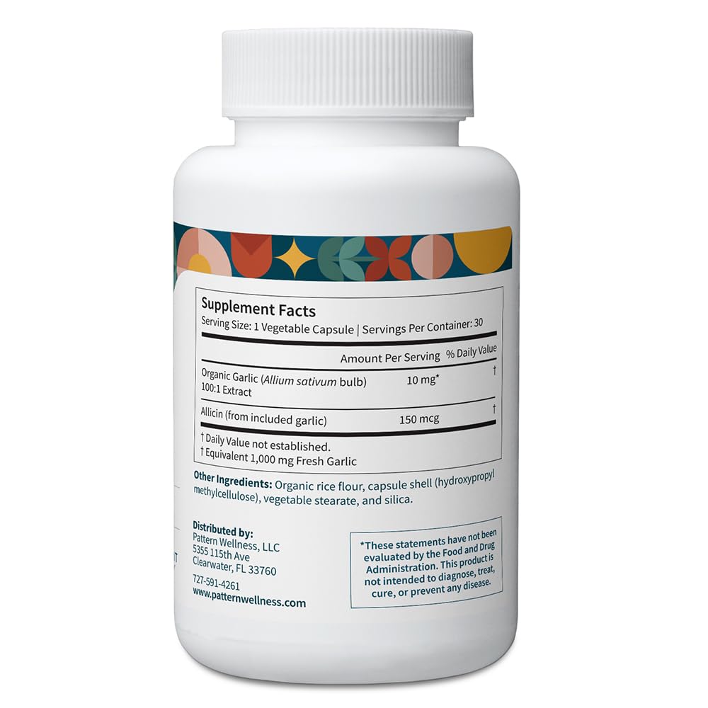 Pattern Wellness Odorless Organic Garlic - 1000mg - Supports Circulatory & Immune Health - Non-GMO, Gluten Free, Vegan - 90 Capsules