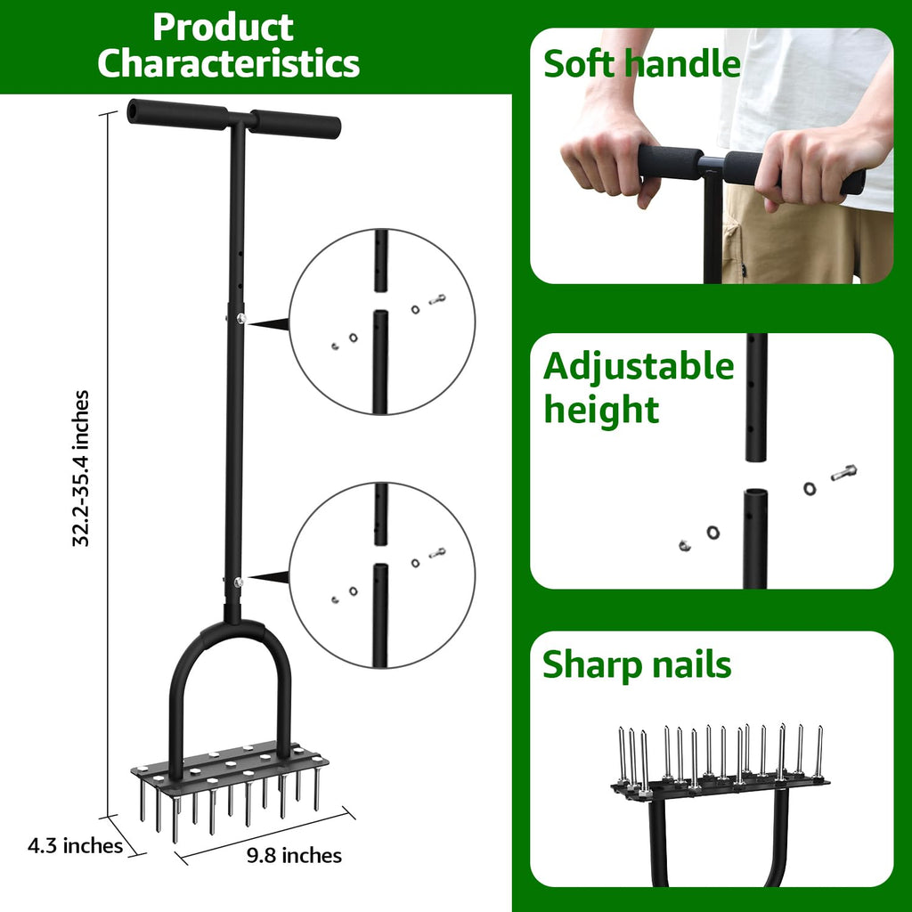 Aerator Lawn Tool Lawn Aerator -Heavy Duty Manual Grass Aerator with 15 Iron Spikes, Height Adjustable, Yard Aerator Tool for Lawn（Black）
