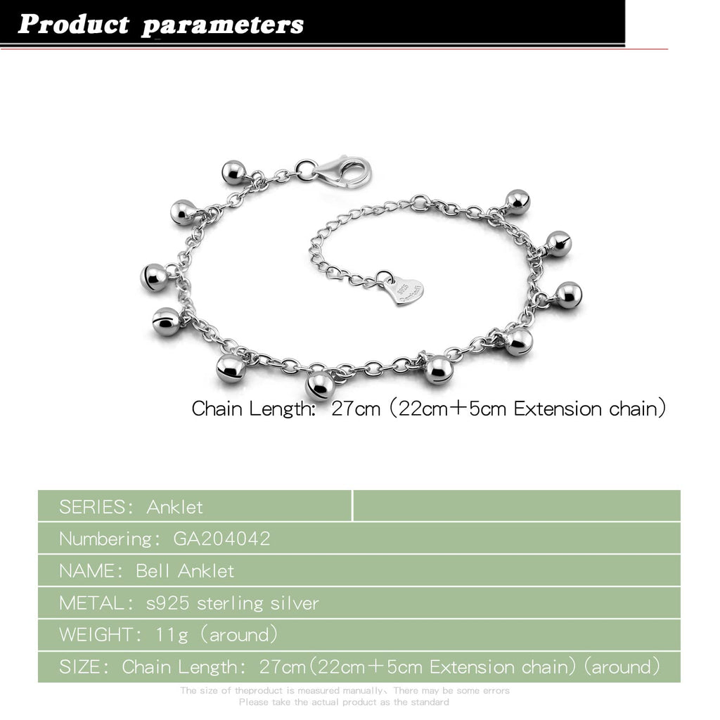 Delicate Women 925 Sterling Silver Ankle Bracelets Cute Bell Chain Beach Anklet Bracelet Boho Adjustable Size Jewelry Gift for her (Anklet, Adjustable Size)