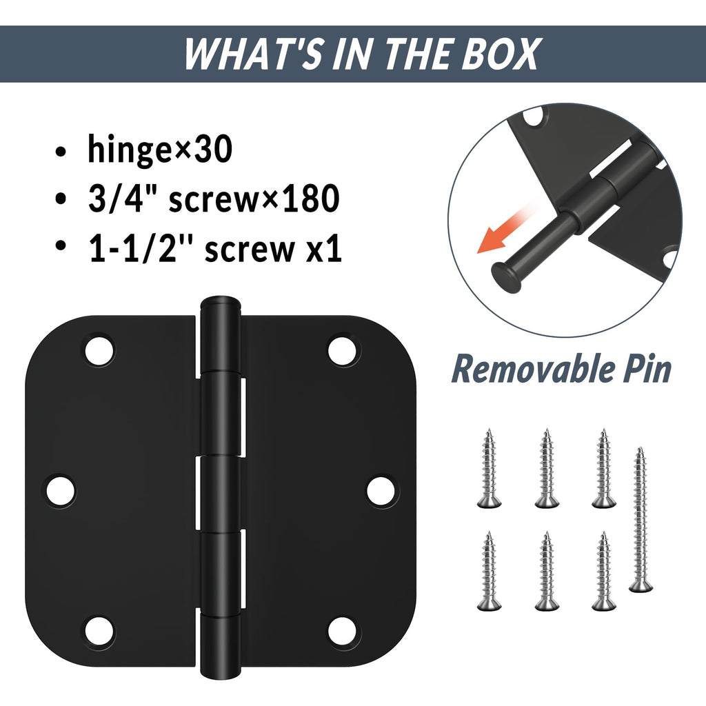 HOSOM 30 Pack Rounded Matte Black Door Hinges 3.5 x 3.5 inch with 5/8 Radius, Black 3 1/2 Interior Door Hinges, 3 ½"x 3 ½" Hardware