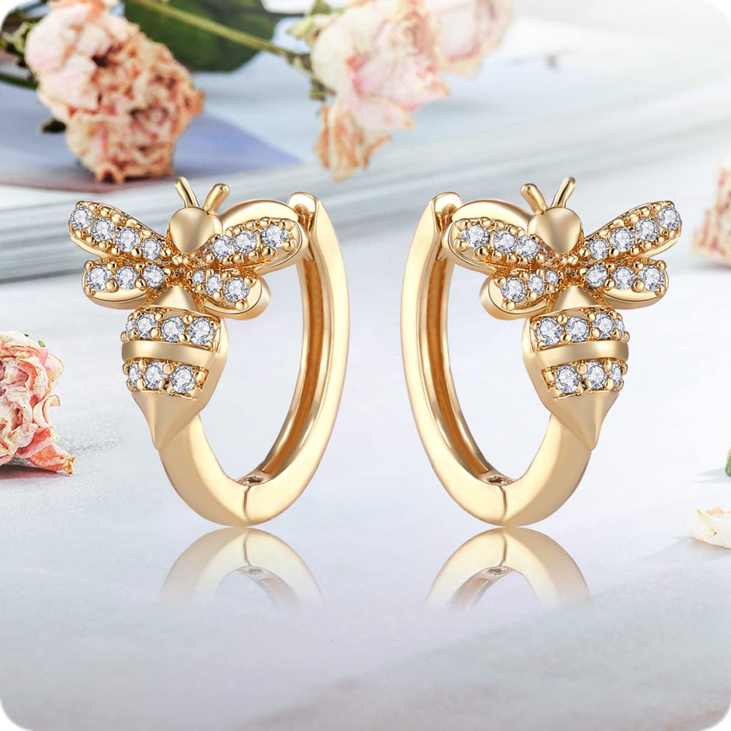 18K Gold Bee Earrings for Women, Hypoallergenic Stud with Cubic Zirconia, Hoop Earrings for Women, Gold/Silver Colors