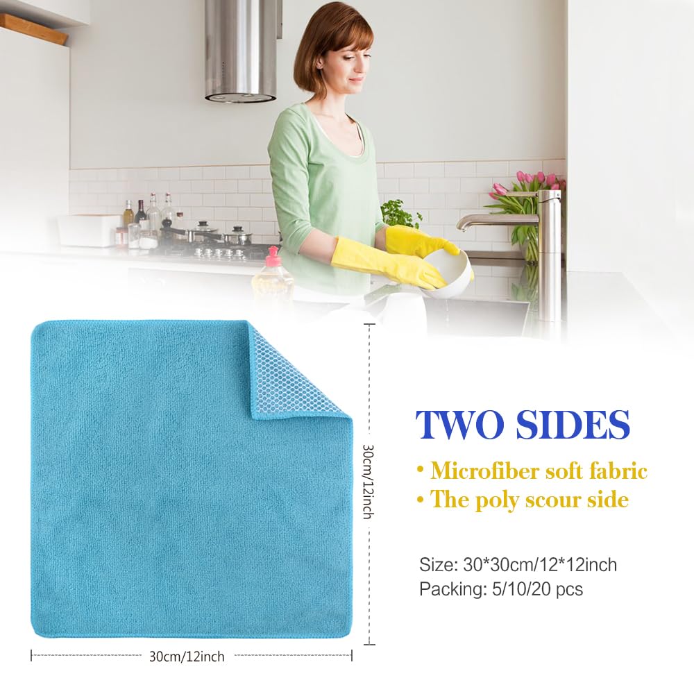 SINLAND 5 Color Assorted Microfiber Dish Cloth Best Kitchen Cloths Cleaning Cloths with Poly Scour Side 12Inchx12Inch 20 Pack (Pinkx4+bluex4+whitex4+yellowx4+greenx4)