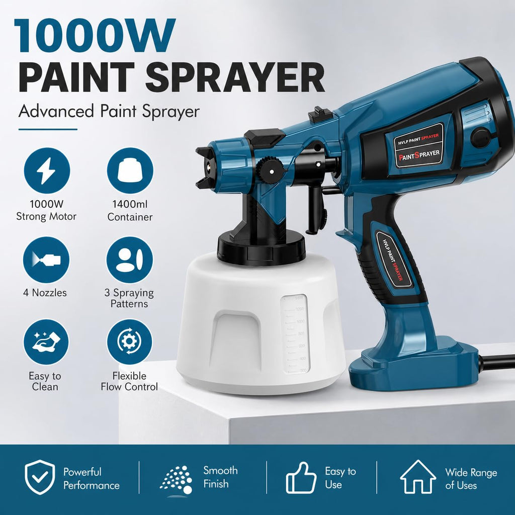 1000W High Power Paint Sprayer - HVLP Electric Spray Paint Gun with 4 Copper Nozzles & 3 Patterns, Large Capacity Power Painter for Furniture, Cabinets, Fence & House Painting (Blue)