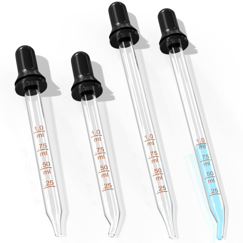 PrettyCare Eye Dropper 4 Pcs, Glass Eye Dropper for 30 ml Essential Oils Bottles Round Tip Measured Medicine Droppers Calibrated 1 ml Capacity