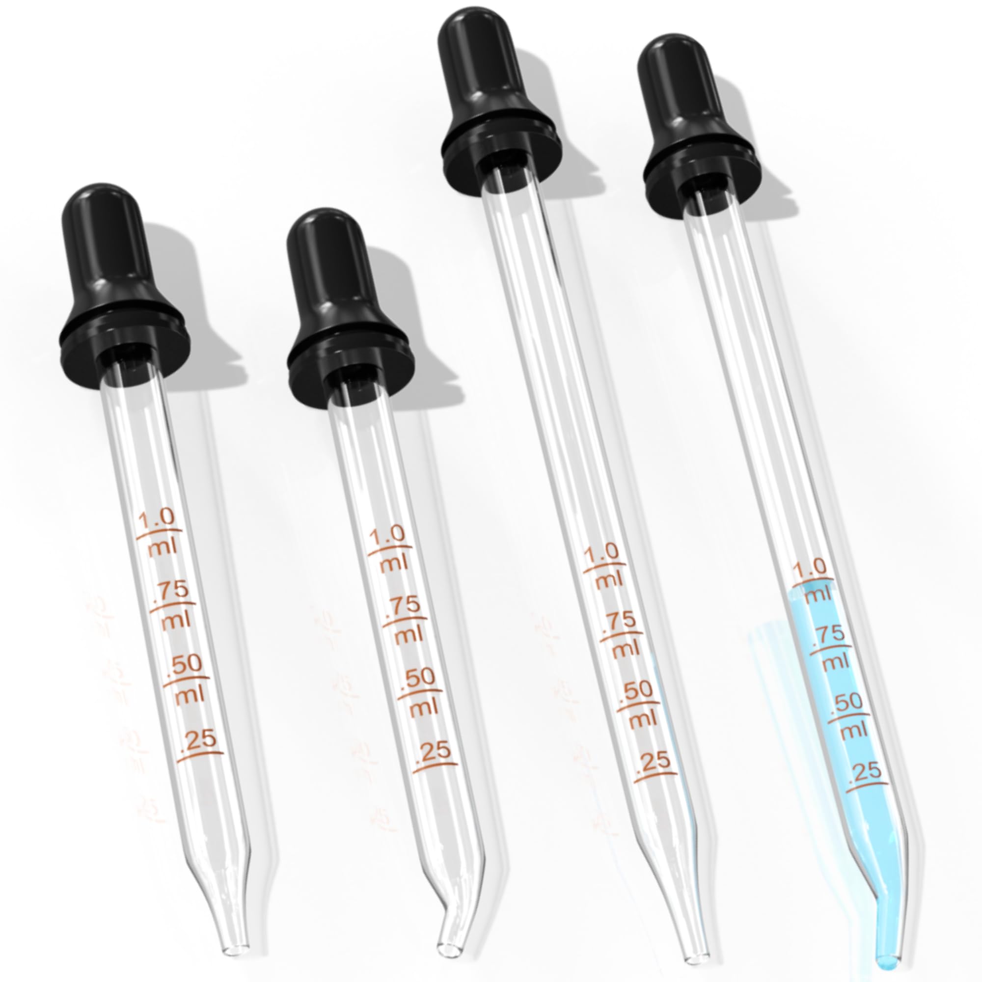 PrettyCare Eye Dropper 4 Pcs, Glass Eye Dropper for 30 ml Essential Oils Bottles Round Tip Measured Medicine Droppers Calibrated 1 ml Capacity