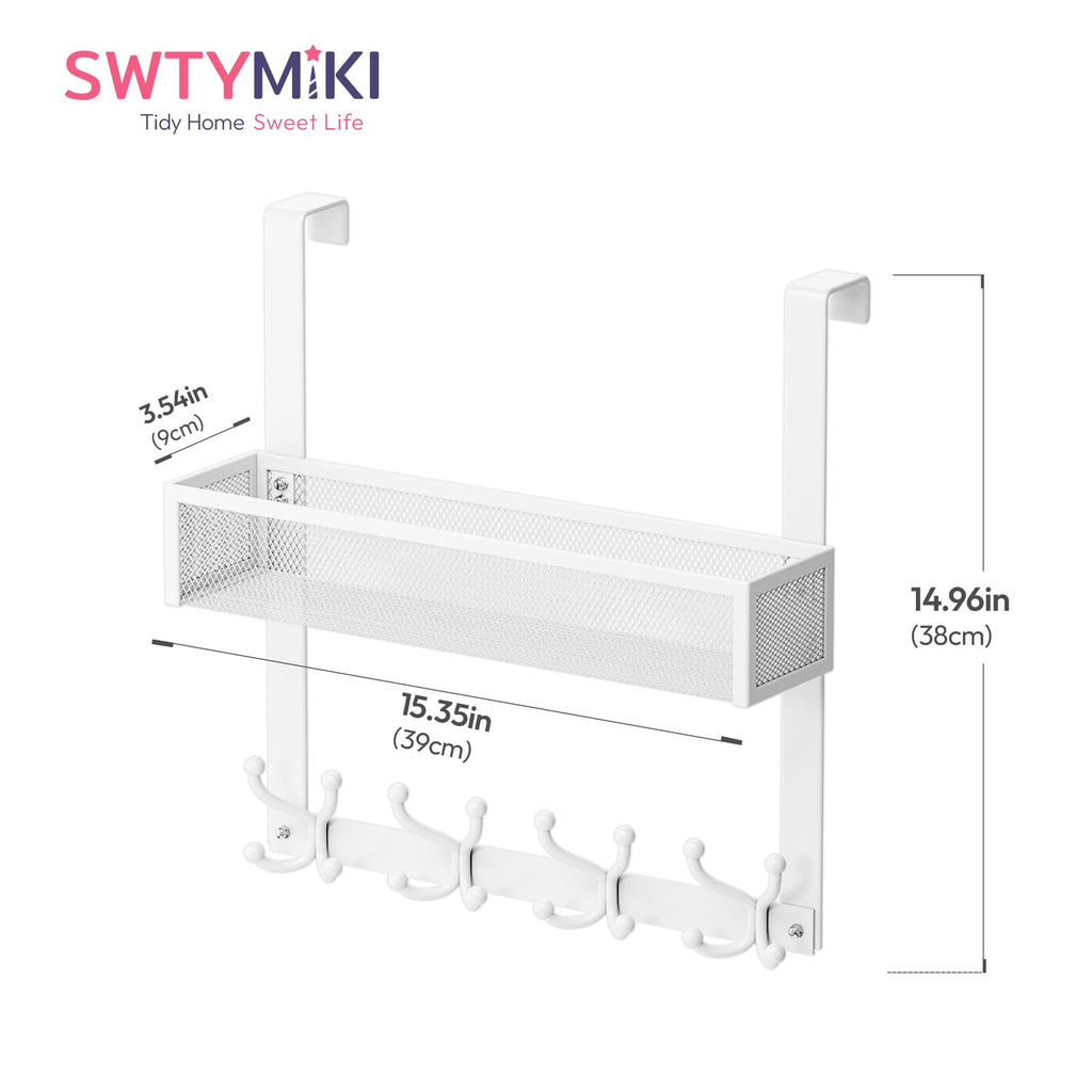 SWTYMIKI Over The Door Hook with 16 Hooks & Mesh Baskets - Heavy Duty Over The Door Organizer Hanger for Towels, Coats, Clothes - Space Saving Hanging Rack for Bathroom, Living Room, White