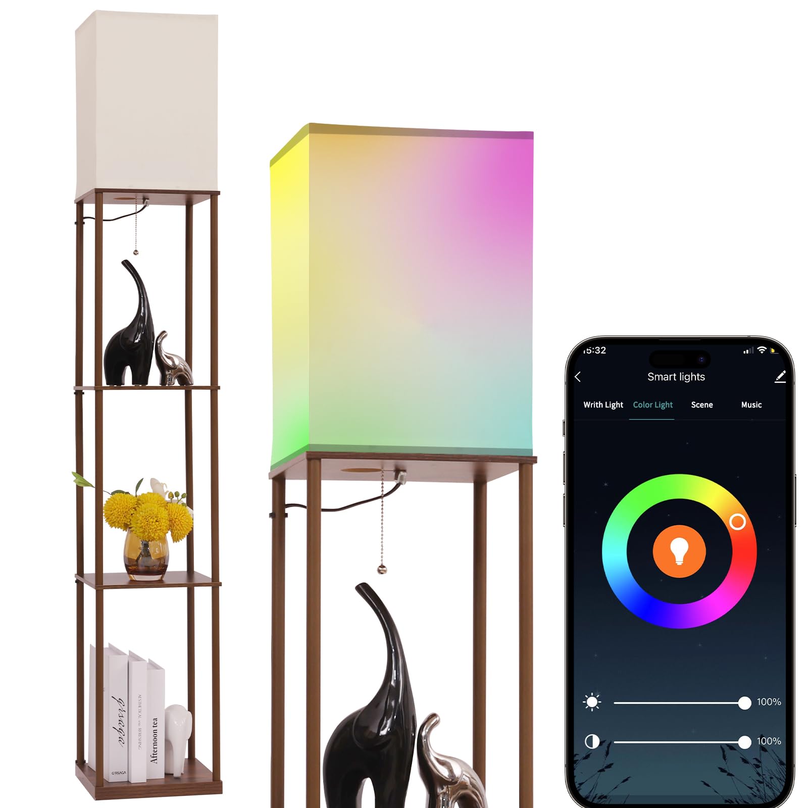 Gupuzm Floor Lamp with Shelves, with Modern Square Standing Lamp with Smart APP Control RGB Bulb, Corner Display Bookshelf Lamp for Living Room, Bedroom and Office(brown-9RGB)