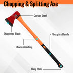 Chopping Axe: 33.5” Hatchet Axe with Shock Absorbing Fiberglass Handle 4.5lbs Felling Axes for Splitting Log Cutting Firewood GardeningTool