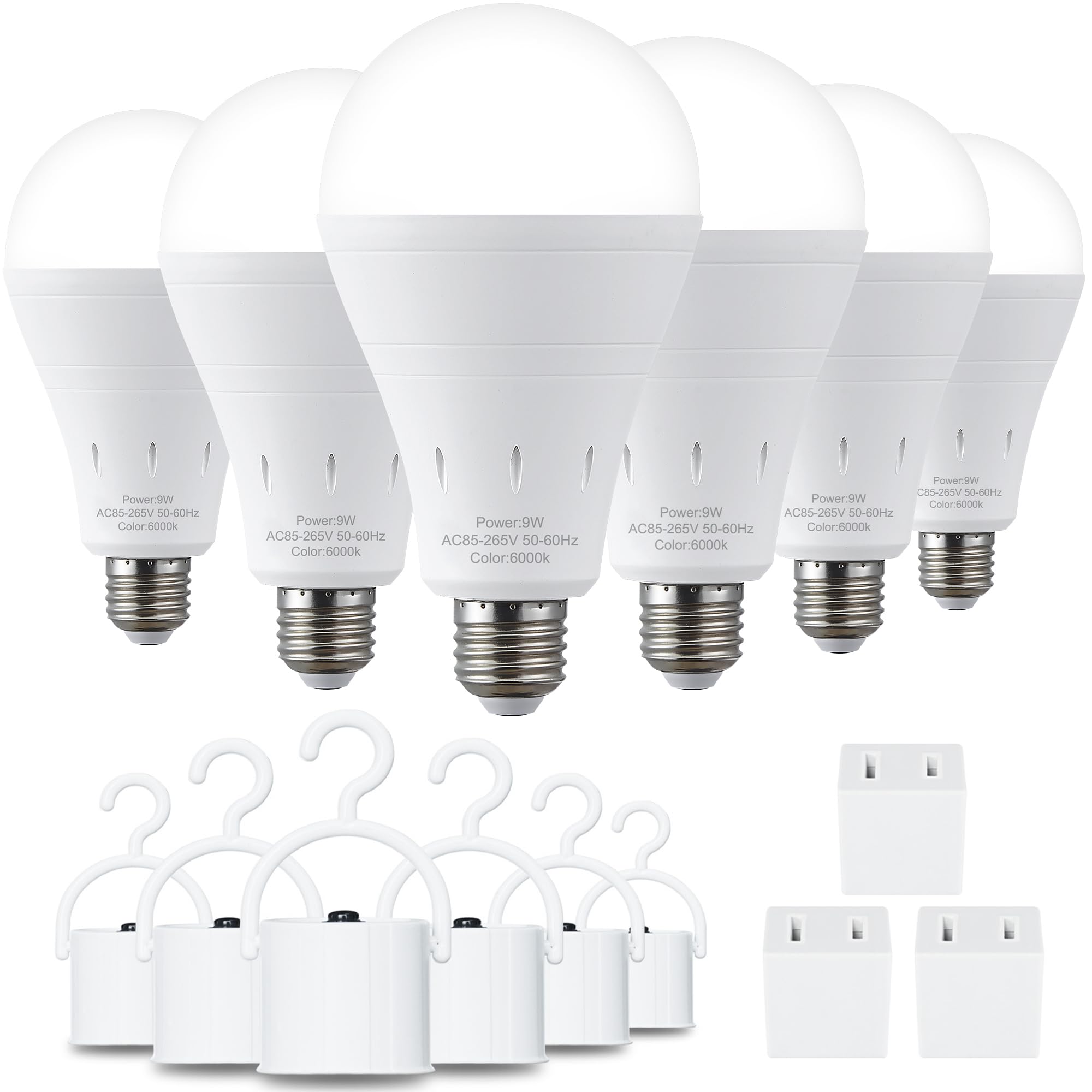 DEBAOBULB 6 Pack Rechargeable Emergency Light Bulbs, Battery Powered LED Light Bulb 6000K Daylight E26 120 Volt 9W 60W Equivalent with 1200mAh for Home Power Outage Camping Hurricane