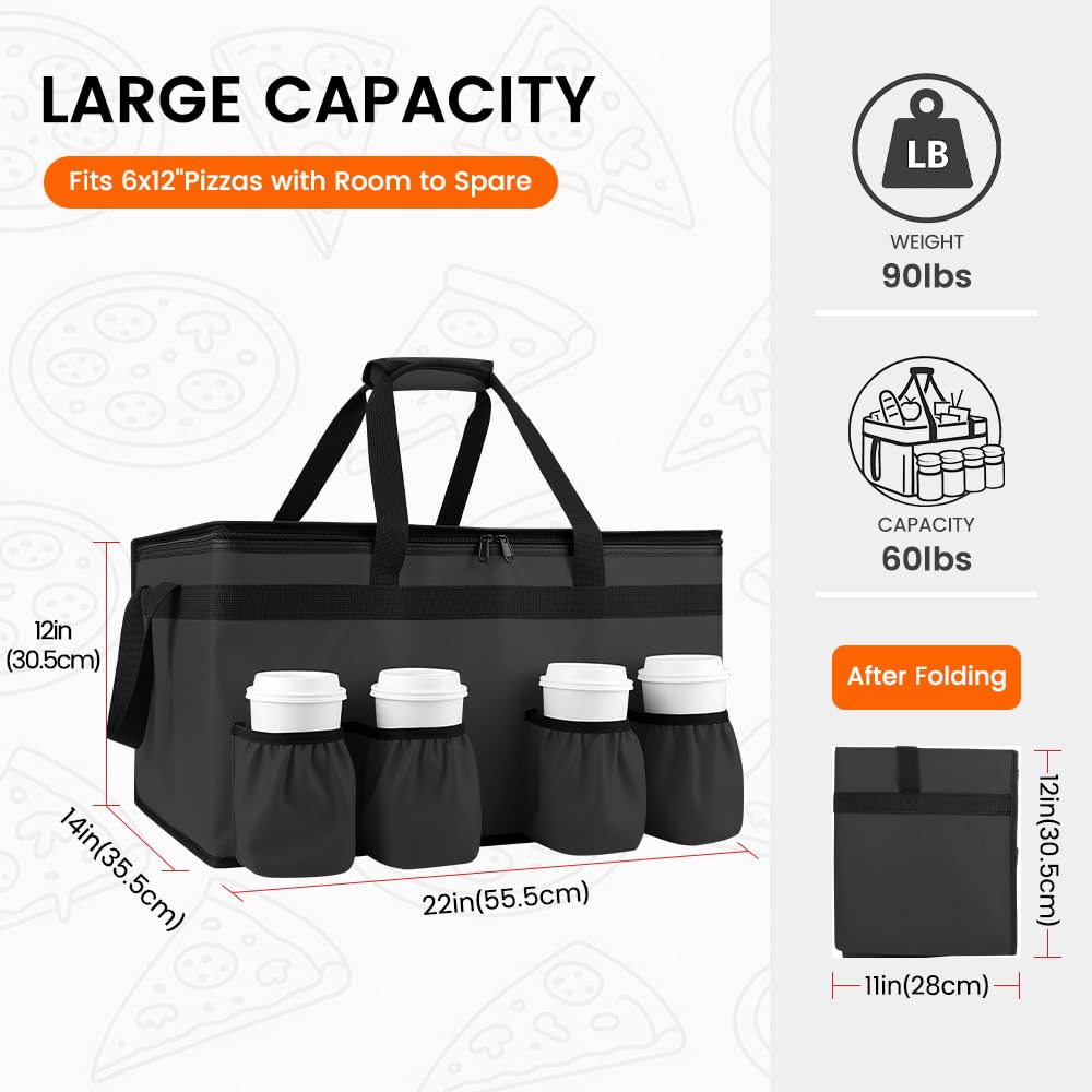 CIVJET Insulated Food Delivery Bag with 4 Cup Holders, XX-Large Insulated Grocery Bags Keep Food Hot/Cold, Cooler Bags with Drink Carrier, Food Carrier Catering Bag, Commercial Food Warmers, Black