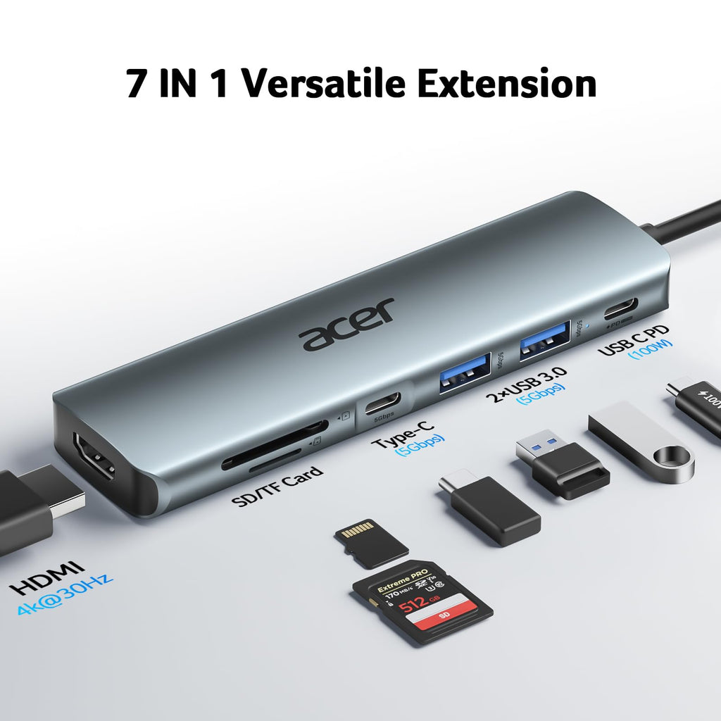 Acer USB C Hub, 7 in 1 Multi-Port Adapter for Laptop/Mac Type C Devices
