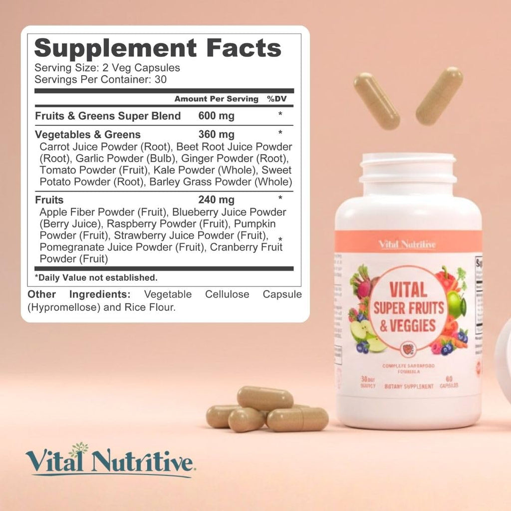 Vital Super Fruits & Veggies - Daily Superfood Capsules for Adults - Fruit and Veggies Supplement to Boost Immunity & Energy - 2-in-1 Formula for Overall Wellness - Fruit and Vegetable Capsules