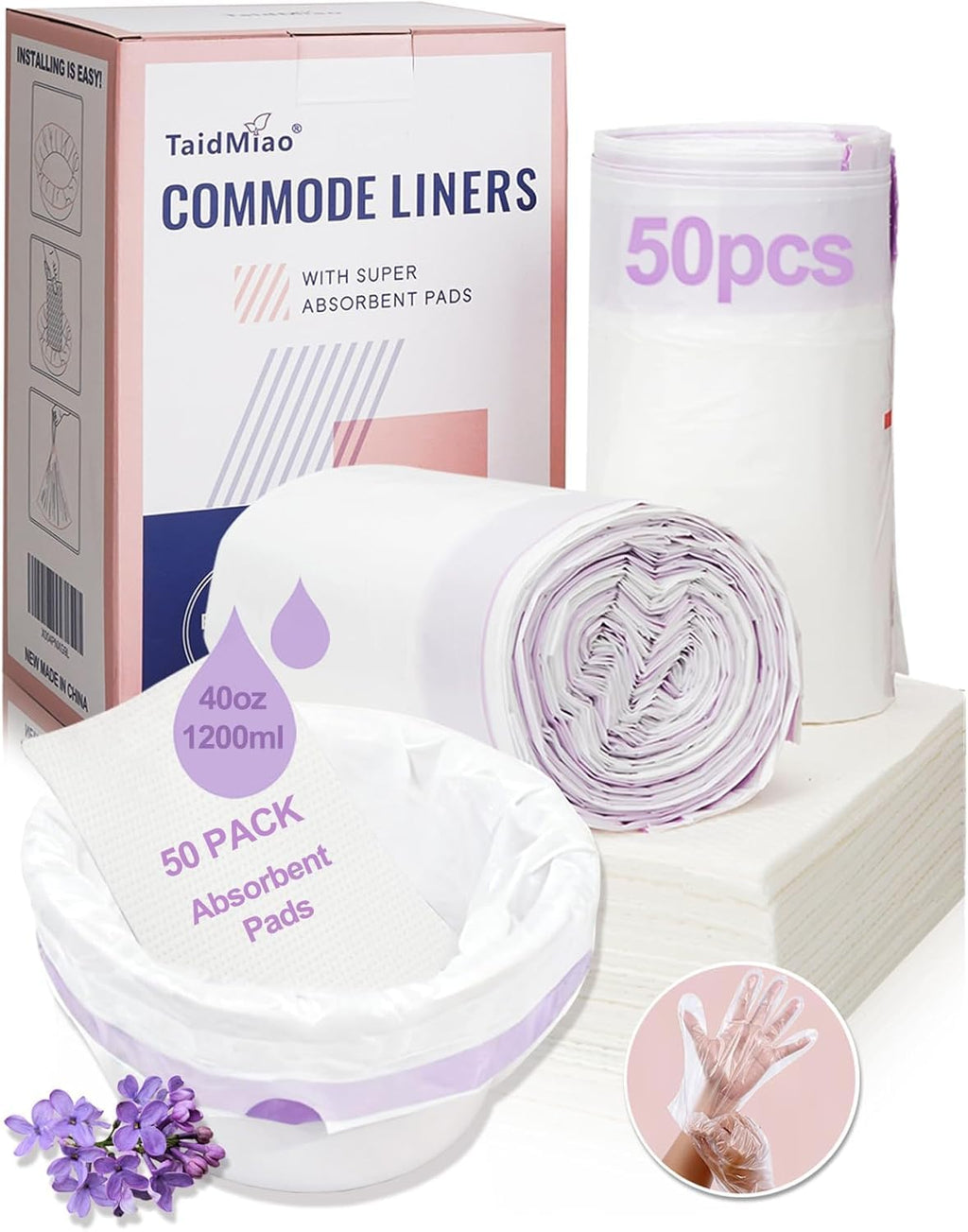 50 Count Beside Commode Liners with Absorbent Pads - Set with 50 Disposable Bags, 50 Pads and 100 Gloves, Lavender Scented, Universal Fit for Toilet Seats, Portable Toilets & Camping Use
