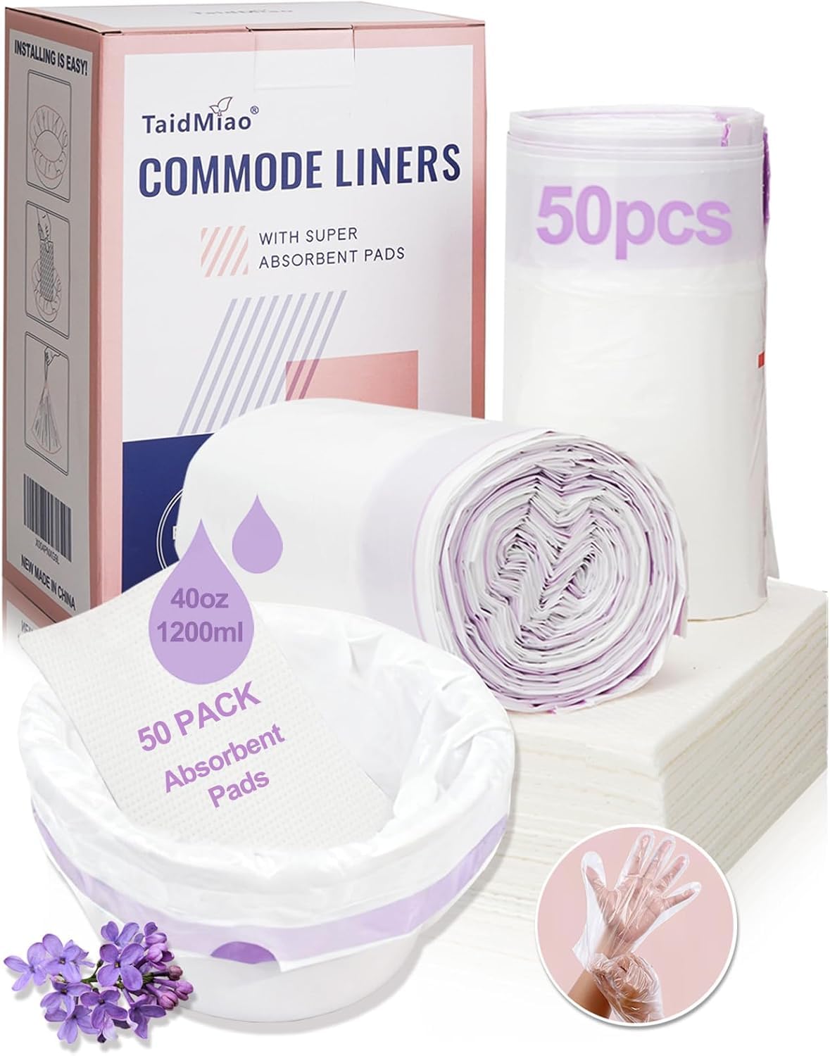 50 Count Beside Commode Liners with Absorbent Pads - Set with 50 Disposable Bags, 50 Pads and 100 Gloves, Lavender Scented, Universal Fit for Toilet Seats, Portable Toilets & Camping Use