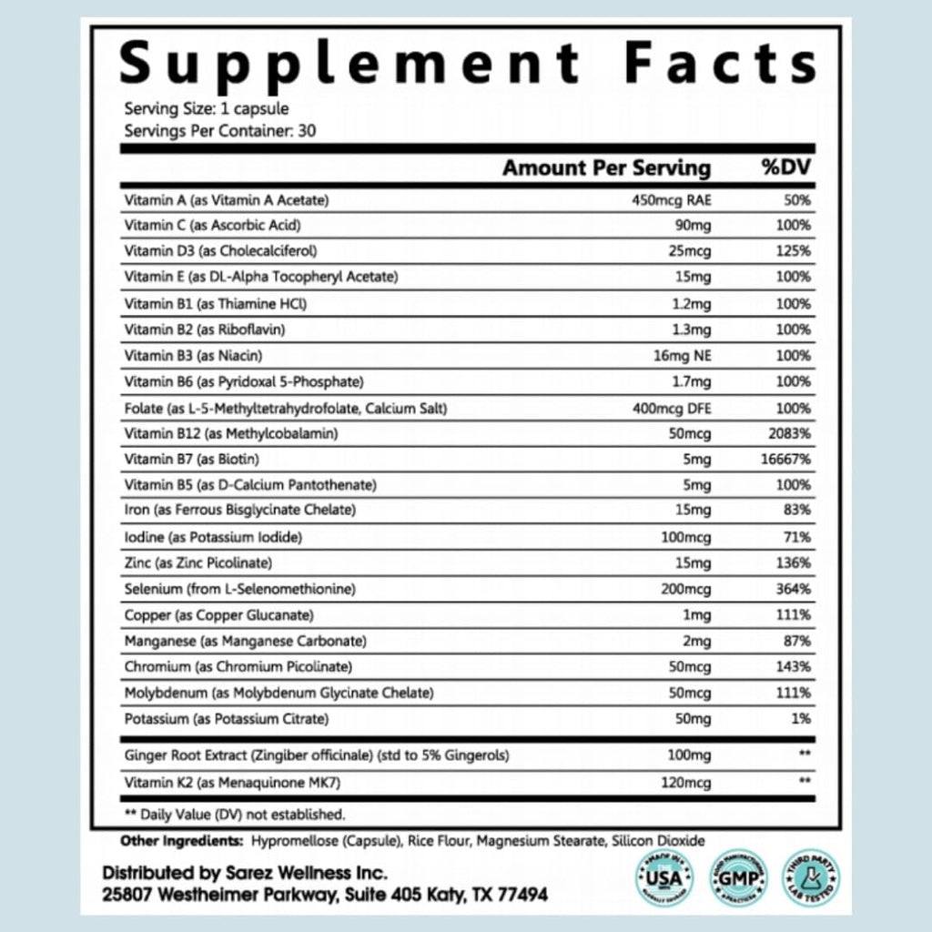Sarez GLP-1 Daily Nutrient Support Capsules — Methylated Vitamins & Chelated Minerals — Energy, Metabolism, Digestion & Hair Support — with Ginger for Nausea — Gentle on Stomach — 30 Day Supply