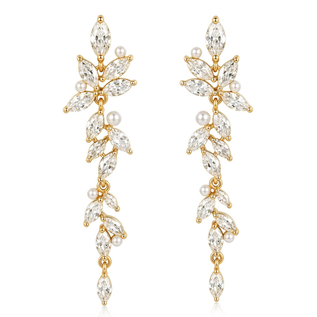 SWEETV Marquise Cubic Zirconia Dangle Earrings for Women, Crystal Wedding Bridal Drop Earrings for Brides Bridesmaids, 18K Gold Plated Chandelier Earrings for Anniversary Prom Jewelry Gift, Style01