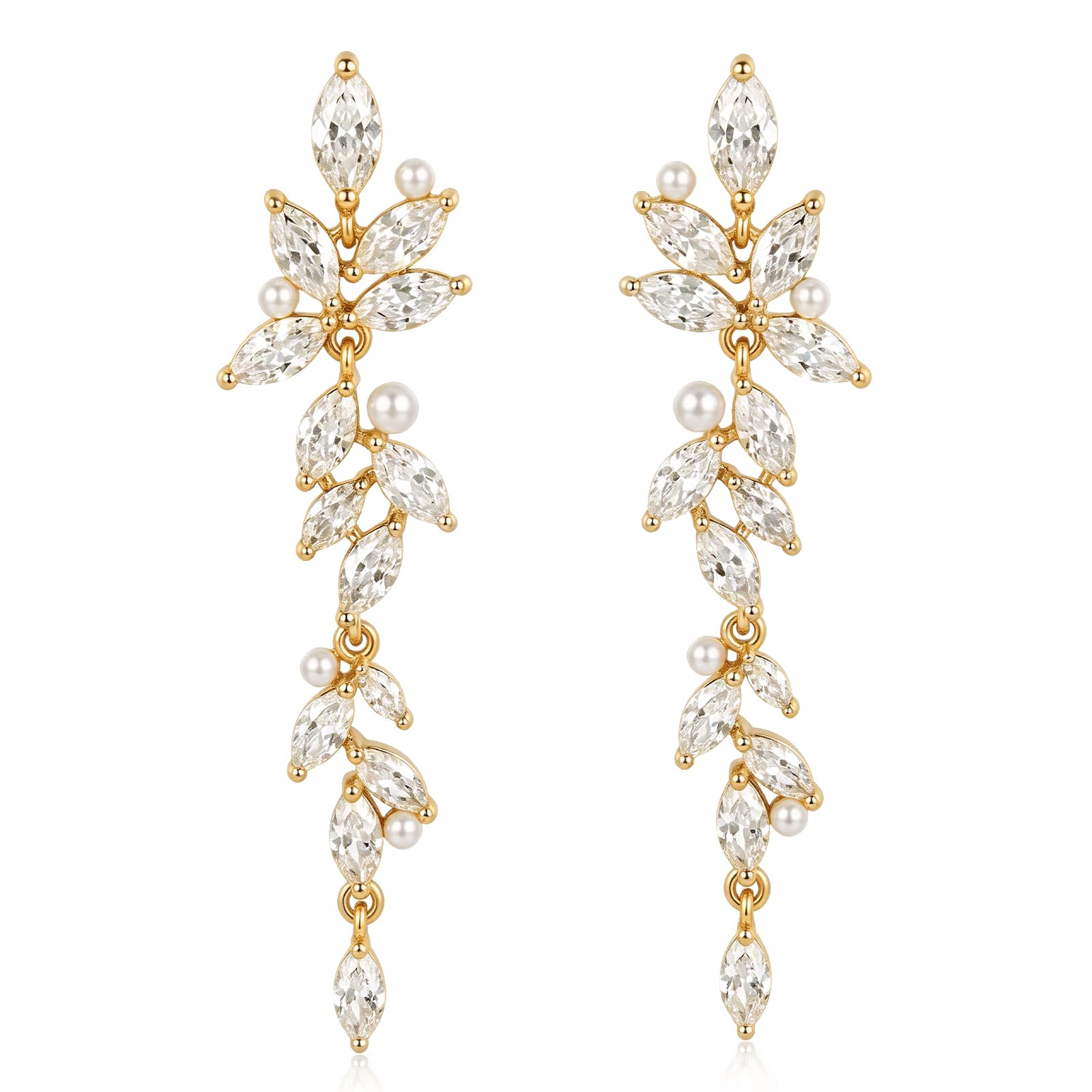 SWEETV Marquise Cubic Zirconia Dangle Earrings for Women, Crystal Wedding Bridal Drop Earrings for Brides Bridesmaids, 18K Gold Plated Chandelier Earrings for Anniversary Prom Jewelry Gift, Style01