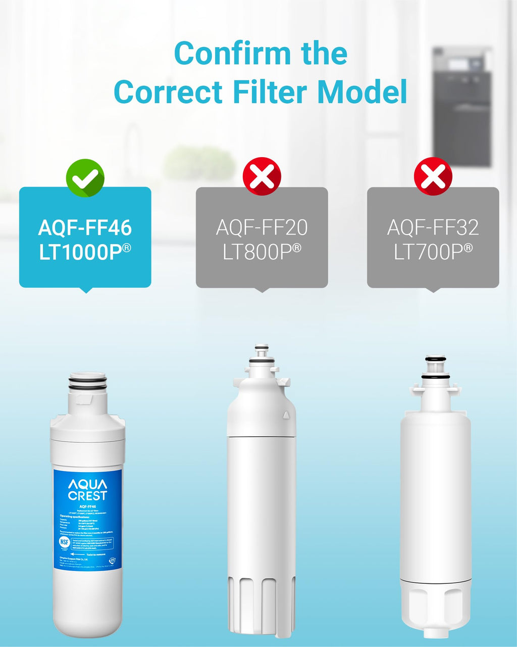 AQUA CREST LT1000PC ADQ747935 Replacement for LG® LT1000P®/PC/PCS ThinQ® Refrigerator Water Filter, LMXS28626S, LFXS26973S, MDJ64844601, ADQ74793501, ADQ74793502 and LT120F® Air Filter, 3 Combo