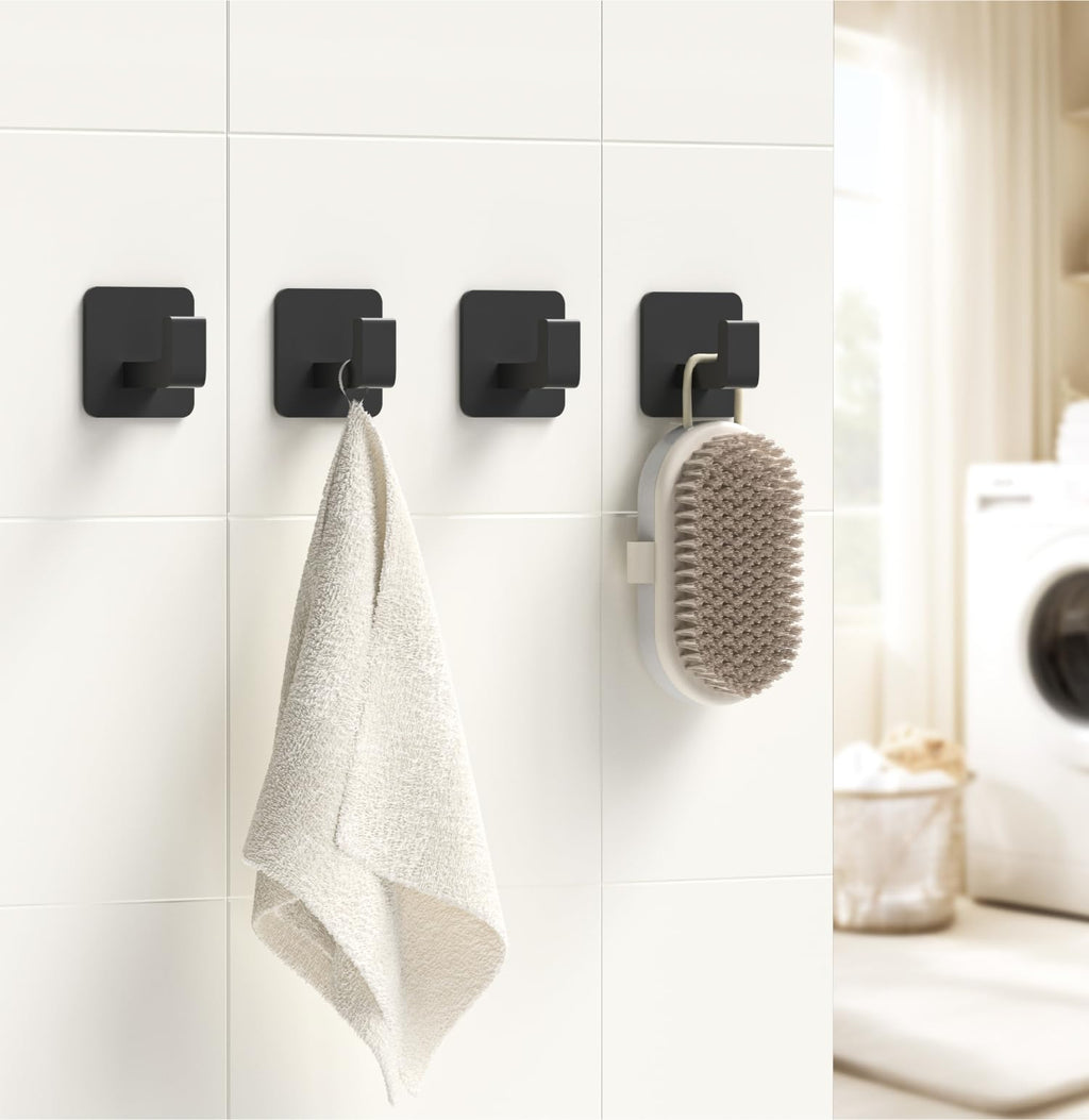 GWAAZXGZ Square Self Adhesive Towel Hooks - 4 Pack Matte Black Metal Hooks, Right-Angle Design for Towels, Robes & Hats, Organize Bathroom, Kitchen, Entryway, Doors, Cabinets on Smooth Surfaces
