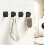 GWAAZXGZ Square Self Adhesive Towel Hooks - 4 Pack Matte Black Metal Hooks, Right-Angle Design for Towels, Robes & Hats, Organize Bathroom, Kitchen, Entryway, Doors, Cabinets on Smooth Surfaces