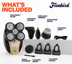 Freebird FlexSeries Electric Head & Body Hair Shaver - Mens Cordless Rechargeable Wet/Dry Skull Bald Head Back & Groin Waterproof Razor with Rotary Blades, Clippers, Nose Trimmer, Brush, Massager