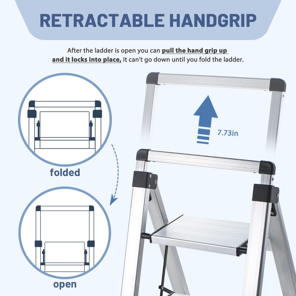 XinSunho 4 Step Ladder, Aluminum Folding Stool with Retractable Handgrip