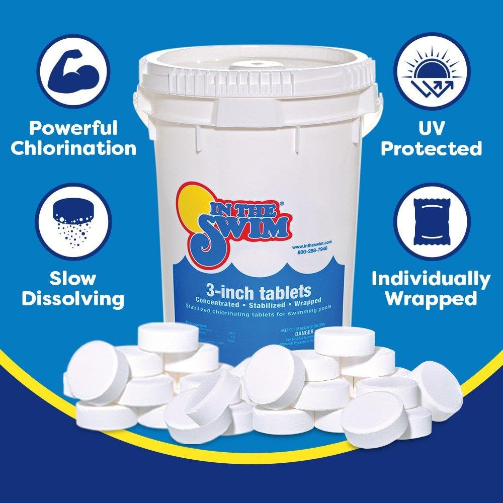 In The Swim Shock and Chlorine Bundle for Sanitizing Swimming Pools – Includes 12 x 1 Pound Bags of 68% Cal-Hypo Pool Shock and 25 Pound Bucket of 3 Inch Stabilized Chlorine Tablets